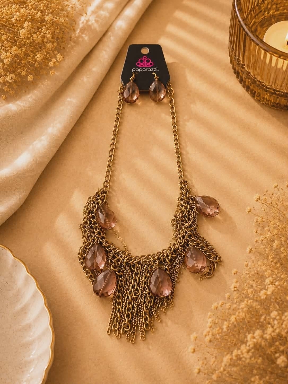paparazzi Gold-Tone Fringe Necklace with Brown Teardrop Crystals